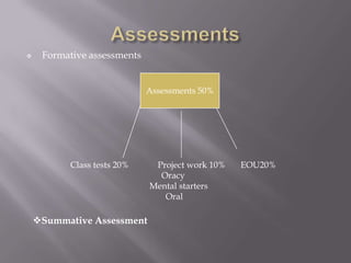    Formative assessments


                             Assessments 50%




          Class tests 20%     Project work 10%   EOU20%
                               Oracy
                             Mental starters
                                Oral

    Summative Assessment
 