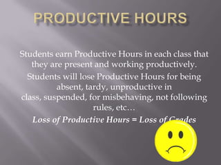Students earn Productive Hours in each class that
   they are present and working productively.
  Students will lose Productive Hours for being
          absent, tardy, unproductive in
class, suspended, for misbehaving, not following
                    rules, etc…
   Loss of Productive Hours = Loss of Grades
 