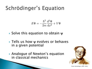  Solve this equation to obtain y
 Tells us how y evolves or behaves
in a given potential
 Analogue of Newton’s equation
in classical mechanics
Erwin Schrödinger (1887-1961)
 