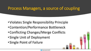 Process Managers, a source of coupling
•Violates Single Responsibility Principle
•Contention/Performance Bottleneck
•Confl...