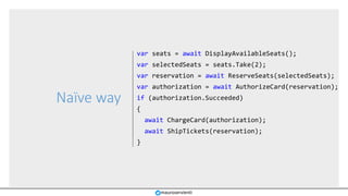 Naïve way
var seats = await DisplayAvailableSeats();
var selectedSeats = seats.Take(2);
var reservation = await ReserveSeats(selectedSeats);
var authorization = await AuthorizeCard(reservation);
if (authorization.Succeeded)
{
await ChargeCard(authorization);
await ShipTickets(reservation);
}
mauroservienti
 