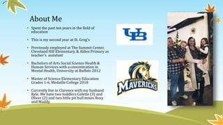 About Me
• Spent the past ten years in the field of
education
• This is my second year at St. Greg's
• Previously employed at The Summit Center,
Cleveland Hill Elementary, & Alden Primary as
teacher’s assistant
• Bachelors of Arts Social Science Health &
Human Services with a concentration in
Mental Health, University at Buffalo 2012
• Master of Science Elementary Education
Grades 1-6, Medaille College 2018
• Currently live in Clarence with my husband
Kyle. We have two toddlers Colette (3) and
Oliver (2) and two little pit bull mixes Roxy
and Maddy.
 