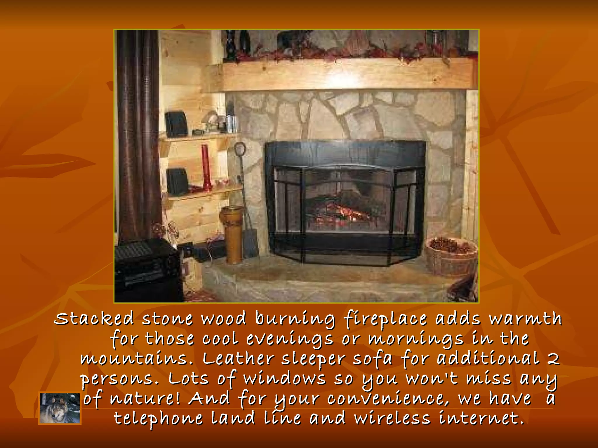 Stacked stone wood burning fireplace adds warmth for those cool evenings or mornings in the mountains. Leather sleeper sofa for additional 2 persons. Lots of windows so you won't miss any of nature! And for your convenience, we have  a telephone land line and wireless internet. 