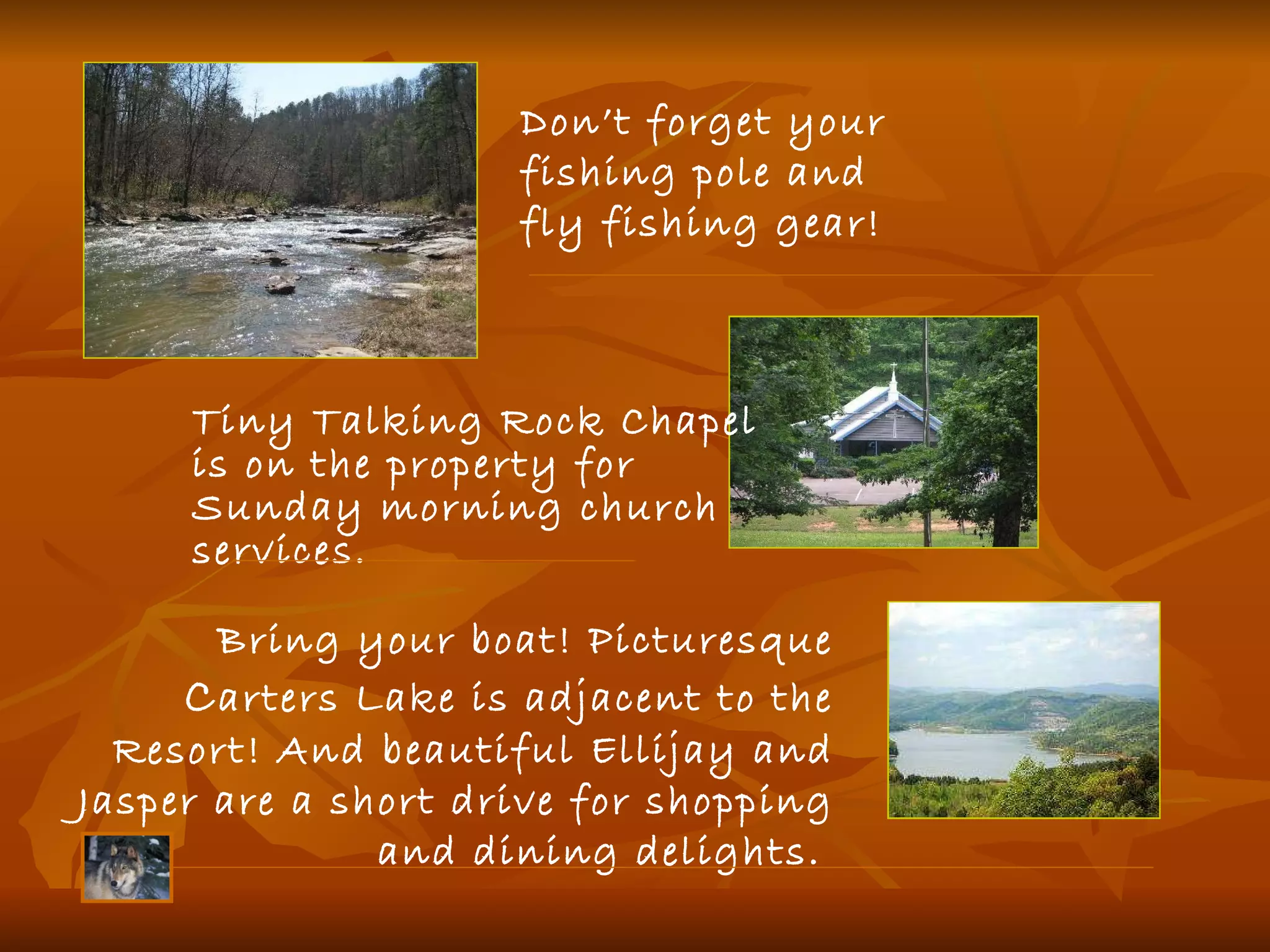 Tiny Talking Rock Chapel   is on the property for Sunday morning church services.   Bring your boat! Picturesque  C arters Lake is adjacent to the Resort! And beautiful Ellijay and Jasper are a short drive for shopping and dining delights.   Don’t forget your fishing pole and fly fishing gear! 