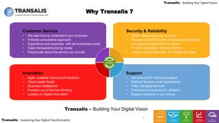 LEADING DIGITAL TRANSFORMATION
Transalis – Sustaining Your Digital Transformation
Transalis – Building Your Digital Vision
Why Transalis ?
Customer Service
• We take time to understand your business
• Friendly consultative approach
• Experience and expertise with all businesses sizes
• Clear transparent pricing model
• Passionate about the service we provide
Innovation
• Agile, scalable future proof solutions
• Cloud based SaaS
• Business Intelligence
• Forward out of the box thinking
• Leaders in Digital Innovation
Security & Reliability
• 3000+ clients using our services
• Processing £400m worth of transactions annually
• Our network reports 99.7% uptime
• 1st GS1 Accredited Solution Partner
• Clients include Microsoft, AS Watson & Argos
Support
• UK based 24/7 technical support
• Defined Service Level Agreements
• Fully managed services
• Preemptive monitoring & validation
• Support inclusive in our pricing
Digital
Innovation
Transalis – Building Your Digital Vision
9
 