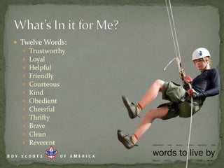 Twelve Words:TrustworthyLoyalHelpfulFriendlyCourteousKindObedientCheerfulThriftyBraveCleanReverentWhat’s In it for Me?