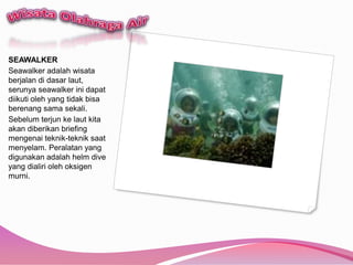 WisataOlahraga AirSEAWALKERSeawalkeradalahwisataberjalandidasarlaut, serunyaseawalkerinidapatdiikutioleh yang tidakbisaberenangsamasekali. Sebelumterjunkelautkitaakandiberikan briefing mengenaiteknik-tekniksaatmenyelam. Peralatan yang digunakanadalah helm dive yang dialiriolehoksigenmurni.