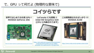 10Copyright © 2020 Networld Corporation All Rights Reserved.
で、GPU って何だよ (物理的な意味で)
コイツらです
Let’snote にも搭載 !!
Intel HD Graphics 620
(CPU に内蔵されてます)
https://ark.intel.com/content/www/jp/ja/ark/
products/97472/intel-core-i5-7300u-
processor-3m-cache-up-to-3-50-ghz.html
世界ではじめての元祖 GPU !
NVIDIA GeForce 256
https://pc.watch.impress.co.jp/docs/news/yajiuma/1017774.html
この間発表されたばっかり !!!
NVIDIA A100
https://www.nvidia.com/ja-jp/data-center/a100/
 