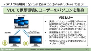 16Copyright © 2020 Networld Corporation All Rights Reserved.
vGPU の活用例 : Virtual Desktop Infrastructure で使う!!
VDI で仮想環境にユーザーのパソコンを集約
画面情報
キー入力や
マウス操作の情報
ハイパーバイザー
Hosts
VDIとは…
• 実際のパソコンでの処理やデータの
配置場所は手元のデバイスではなく、
データセンターやサーバールームに
設置されている仮想環境で行われる
• 画面転送を行うことで、通常の
パソコンを使うことと変わらない
操作感を維持できる (ユーザー視点)
• 物理的なパソコンでは実現できない
メリットがある
 