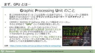 9Copyright © 2020 Networld Corporation All Rights Reserved.
まず、GPU とは…
Graphic Processing Unit のこと
• 昔 (1990年代末まで) は こんな気取った名前ではなく、コンピューターで画面を
描画をするためのパーツは グラフィックコントローラー や ビデオチップ と
呼ばれることが多かったです。
• 1999年に NVIDIA が GeForce 256 という製品をリリースし、
そのとき初めて “GPU” という名前が誕生しました。
• GPU 搭載以前は、ゲームや CAD などのソフトに
おける 3次元の座標計算や光源処理 (光の当て方とか
影の計算) は CPU がその役割を担っていました。
※Transform & Lighting という機能です。
• GeForce 256 からハードウェアで T&L が実行できる
ようになり、パフォーマンスが大幅に向上したため、
当時としては大変画期的な製品でした。
出典 : https://www.nvidia.com/ja-jp/about-nvidia/ai-computing/
 