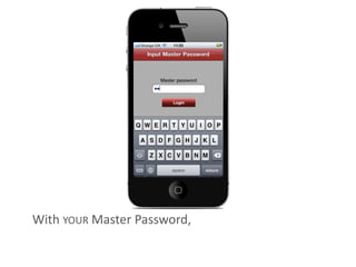 With YOUR Master Password, the only password YOU
need to remember.
With YOUR Master Password,
 
