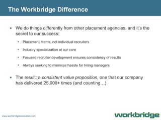 The Workbridge Difference We do things differently from other placement agencies, and it’s the secret to our success: Placement  teams , not individual recruiters Industry specialization at our core Focused recruiter development ensures consistency of results Always seeking to minimize hassle for hiring managers The result: a  consistent value proposition , one that our company has delivered 25,000+ times (and counting…) 