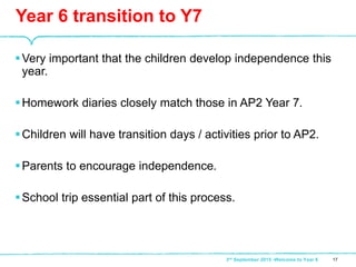 Very important that the children develop independence this
year.
Homework diaries closely match those in AP2 Year 7.
Children will have transition days / activities prior to AP2.
Parents to encourage independence.
School trip essential part of this process.
Year 6 transition to Y7
173rd September 2015 -Welcome to Year 6
 