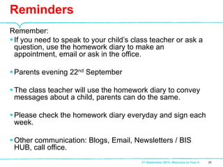 Reminders
203rd September 2015 -Welcome to Year 6
Remember:
If you need to speak to your child’s class teacher or ask a
question, use the homework diary to make an
appointment, email or ask in the office.
Parents evening 22nd September
The class teacher will use the homework diary to convey
messages about a child, parents can do the same.
Please check the homework diary everyday and sign each
week.
Other communication: Blogs, Email, Newsletters / BIS
HUB, call office.
 