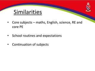 Similarities
• Core subjects – maths, English, science, RE and
core PE
• School routines and expectations
• Continuation of subjects
 