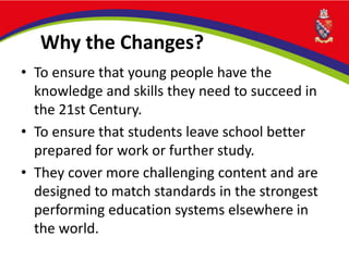 Why the Changes?
• To ensure that young people have the
knowledge and skills they need to succeed in
the 21st Century.
• To ensure that students leave school better
prepared for work or further study.
• They cover more challenging content and are
designed to match standards in the strongest
performing education systems elsewhere in
the world.
 