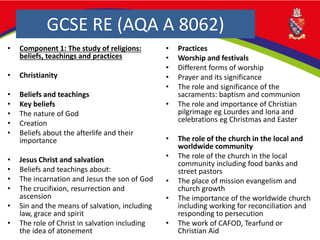 GCSE RE (AQA A 8062)
• Component 1: The study of religions:
beliefs, teachings and practices
• Christianity
• Beliefs and teachings
• Key beliefs
• The nature of God
• Creation
• Beliefs about the afterlife and their
importance
• Jesus Christ and salvation
• Beliefs and teachings about:
• The incarnation and Jesus the son of God
• The crucifixion, resurrection and
ascension
• Sin and the means of salvation, including
law, grace and spirit
• The role of Christ in salvation including
the idea of atonement
• Practices
• Worship and festivals
• Different forms of worship
• Prayer and its significance
• The role and significance of the
sacraments: baptism and communion
• The role and importance of Christian
pilgrimage eg Lourdes and Iona and
celebrations eg Christmas and Easter
• The role of the church in the local and
worldwide community
• The role of the church in the local
community including food banks and
street pastors
• The place of mission evangelism and
church growth
• The importance of the worldwide church
including working for reconciliation and
responding to persecution
• The work of CAFOD, Tearfund or
Christian Aid
 