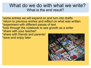     What do we do with what we write? What is the end result? *some entries we will expand on and turn into drafts *return to previous entries and reflect on what was written *experiment with different pieces of text *look through the notebook to see growth as a writer *share with your teacher!  *share with friends and parents! *save and enjoy later 