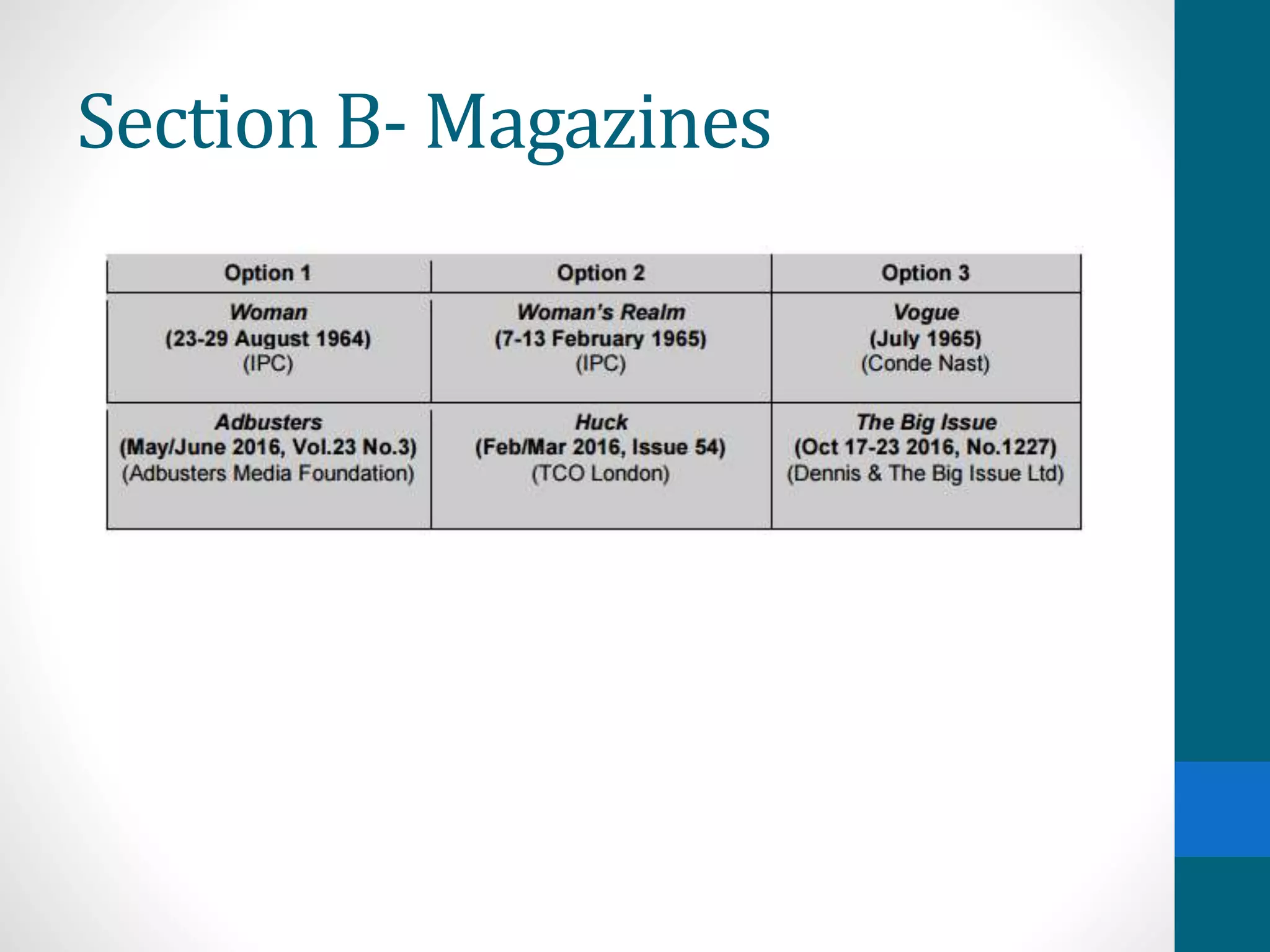 Section B- Magazines
 