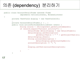 의존 (dependency)  분리하기 public class AccountDetailFrame extends Frame implements ActionListener, WindowListener { private TextField display = new TextField(10); … private AccountDetailFrame(…) { … } public void actionPerformed(ActionEvent event) { String source = (String)event.getActionCommand(); if (source.equals(“project activity”)) { DetailFrame detailDisplay = new DetailFrame(); detailDisplay.setDescription( getDetailText() + “ “ + getProjectText()); detailDisplay.show(); String accountDescription =  detailDisplay.getAccountSymbol(); accountDescription += “: “; … display.setText(accountDescription); … } } 