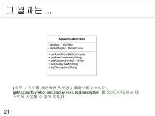 그 결과는 ... ( 역주  :  함수를 세분화한 덕분에 )  클래스를 상속받아 , getAccountSymbol, setDisplayText, setDescription  를 오버라이딩해서 테스트에 사용할 수 있게 되었다 . 