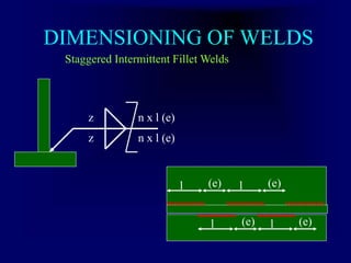 DIMENSIONING OF WELDS
Staggered Intermittent Fillet Welds
z n x l (e)
z n x l (e)
l (e) l (e)
l (e) l (e)
 