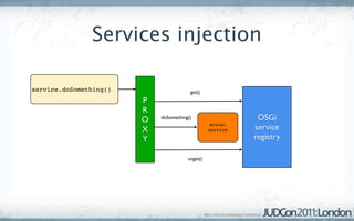 Services injection

service.doSomething()                   get()
                        P
                        R
                        O   doSomething()                   OSGi
                        X
                                                 actual
                                                 service   service
                        Y                                  registry

                                       unget()
 
