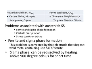 Problems associated with austenitic SS
• Ferrite and sigma phase formation
• Carbide precipitation
• Stress corrosion cracks
• Ferrite and sigma phase formation
This problem is corrected by that electrode that deposit
weld metal containing 3 to 5% of ferrite
• Sigma phase can be redissolved by heating
above 900 degree celsius for short time
Austenite stabilisers, Nieq Ferrite stabilisers, Creq
• Carbon, Nickel, Nitrogen, • Chromium, Molybdenum,v
Manganese, Copper ,Tungsten, Niobium, Silicon
 