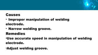 Causes
• Improper manipulation of welding
electrode.
• Narrow welding groove.
Remedies
•Use accurate speed in manipulation of welding
electrode.
•Adjust welding groove.
 