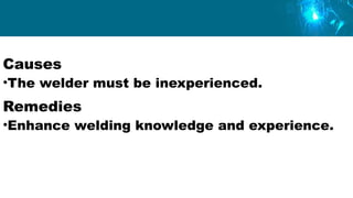 Causes
•The welder must be inexperienced.
Remedies
•Enhance welding knowledge and experience.
 