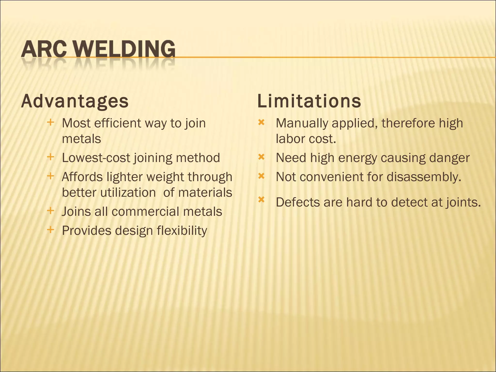 Advantages Most efficient way to join metals Lowest-cost joining method Affords lighter weight through better   utilization  of materials Joins all commercial metals Provides design flexibility Limitations Manually applied, therefore high labor cost. Need high energy causing danger Not convenient for disassembly. Defects are hard to detect at joints.   