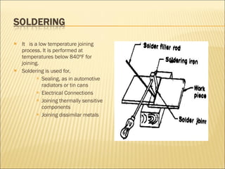 It  is a low temperature joining process. It is performed at temperatures below 840ºF for joining.  Soldering is used for, Sealing, as in automotive radiators or tin cans Electrical Connections Joining thermally sensitive components Joining dissimilar metals 