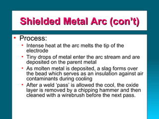 Shielded Metal Arc (con’t) Process: Intense heat at the arc melts the tip of the electrode Tiny drops of metal enter the arc stream and are deposited on the parent metal As molten metal is deposited, a slag forms over the bead which serves as an insulation against air contaminants during cooling After a weld ‘pass’ is allowed the cool, the oxide layer is removed by a chipping hammer and then cleaned with a wirebrush before the next pass. 