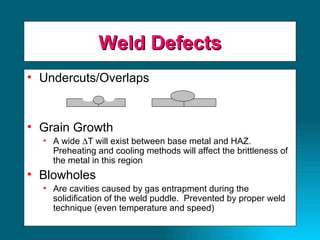 Weld Defects Undercuts/Overlaps Grain Growth A wide   T will exist between base metal and HAZ.  Preheating and cooling methods will affect the brittleness of the metal in this region Blowholes Are cavities caused by gas entrapment during the solidification of the weld puddle.  Prevented by proper weld technique (even temperature and speed) 