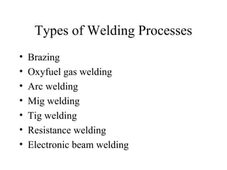 Types of Welding Processes
• Brazing
• Oxyfuel gas welding
• Arc welding
• Mig welding
• Tig welding
• Resistance welding
• Electronic beam welding
 