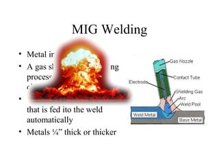 MIG Welding
• Metal inert gas welding
• A gas shielded arc welding
process which creates a
clean weld
• The electrode is a filler wire
that is fed ito the weld
automatically
• Metals ¼” thick or thicker
 