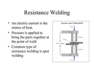Resistance Welding
• An electric current is the
source of heat.
• Pressure is applied to
bring the parts together at
the point of weld
• Common type of
resistance welding is spot
welding
 