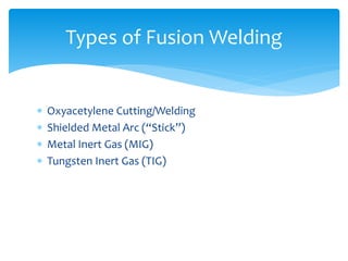  Oxyacetylene Cutting/Welding
 Shielded Metal Arc (“Stick”)
 Metal Inert Gas (MIG)
 Tungsten Inert Gas (TIG)
Types of Fusion Welding
 