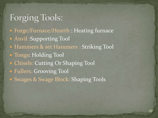  Forge/Furnace/Hearth : Heating furnace
 Anvil :Supporting Tool
 Hammers & set Hammers : Striking Tool
 Tongs: Holding Tool
 Chisels: Cutting Or Shaping Tool
 Fullers: Grooving Tool
 Swages & Swage Block: Shaping Tools
29
 