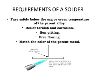 REQUIREMENTS OF A SOLDER
• Fuse safely below the sag or creep temperature
of the parent alloy.
• Resist tarnish and corrosion.
• Non pitting.
• Free flowing.
• Match the color of the parent metal.
 