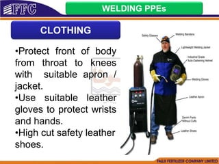 CLOTHING
WELDING PPEs
•Protect front of body
from throat to knees
with suitable apron /
jacket.
•Use suitable leather
gloves to protect wrists
and hands.
•High cut safety leather
shoes.
 