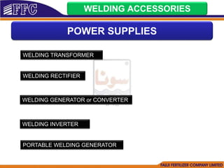WELDING ACCESSORIES
POWER SUPPLIES
WELDING TRANSFORMER
WELDING RECTIFIER
WELDING GENERATOR or CONVERTER
WELDING INVERTER
PORTABLE WELDING GENERATOR
 