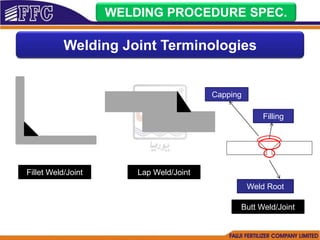WELDING PROCEDURE SPEC.
Welding Joint Terminologies
Fillet Weld/Joint Lap Weld/Joint
Weld Root
Filling
Capping
Butt Weld/Joint
 