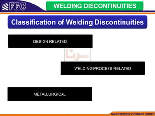 WELDING DISCONTINUITIES
Classification of Welding Discontinuities
DESIGN RELATED
WELDING PROCESS RELATED
METALLURGICAL
 