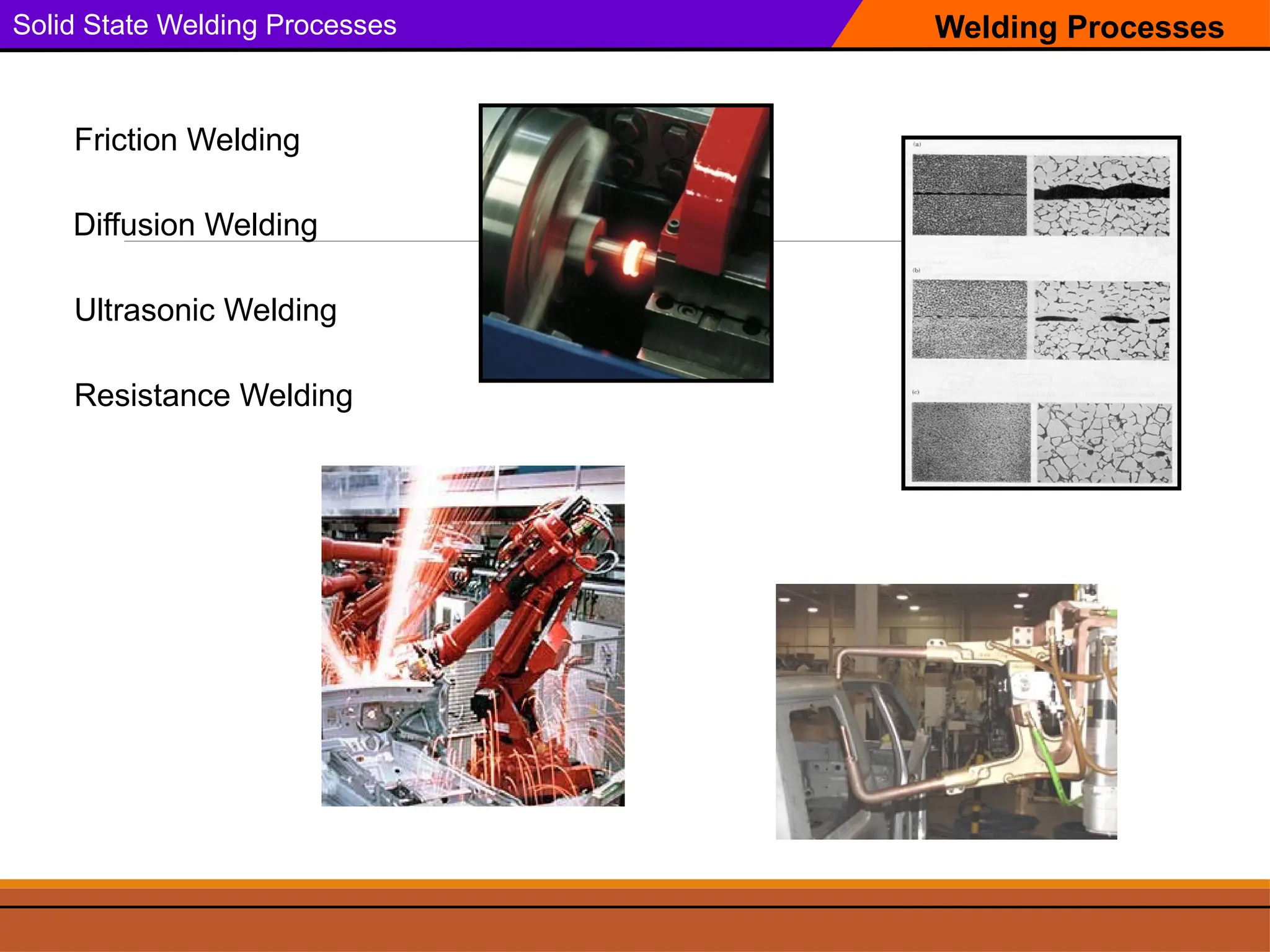 Welding Processes
Solid State Welding Processes
Friction Welding
Ultrasonic Welding
Resistance Welding
Diffusion Welding
 