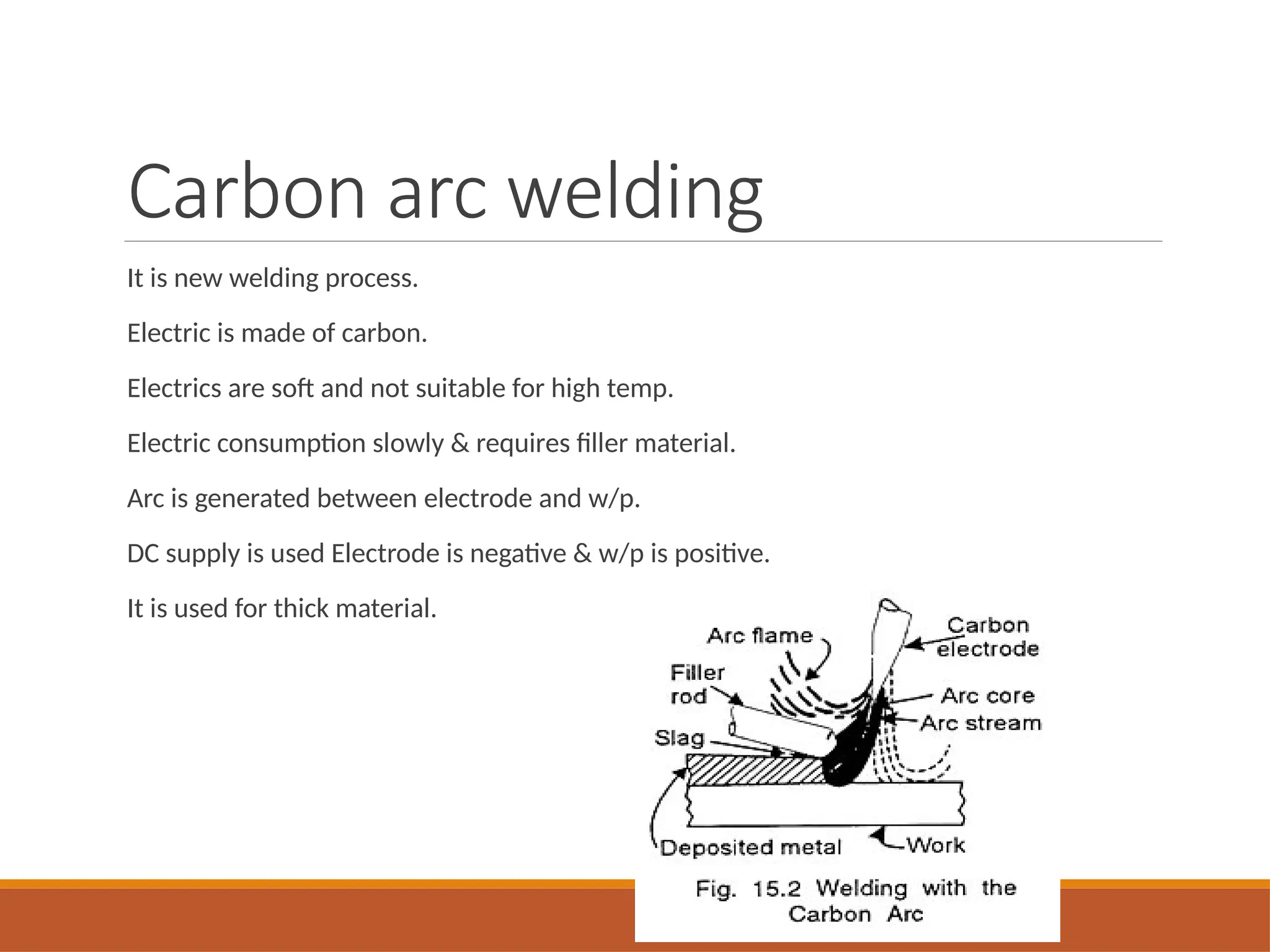 Carbon arc welding
It is new welding process.
Electric is made of carbon.
Electrics are soft and not suitable for high temp.
Electric consumption slowly & requires filler material.
Arc is generated between electrode and w/p.
DC supply is used Electrode is negative & w/p is positive.
It is used for thick material.
 
