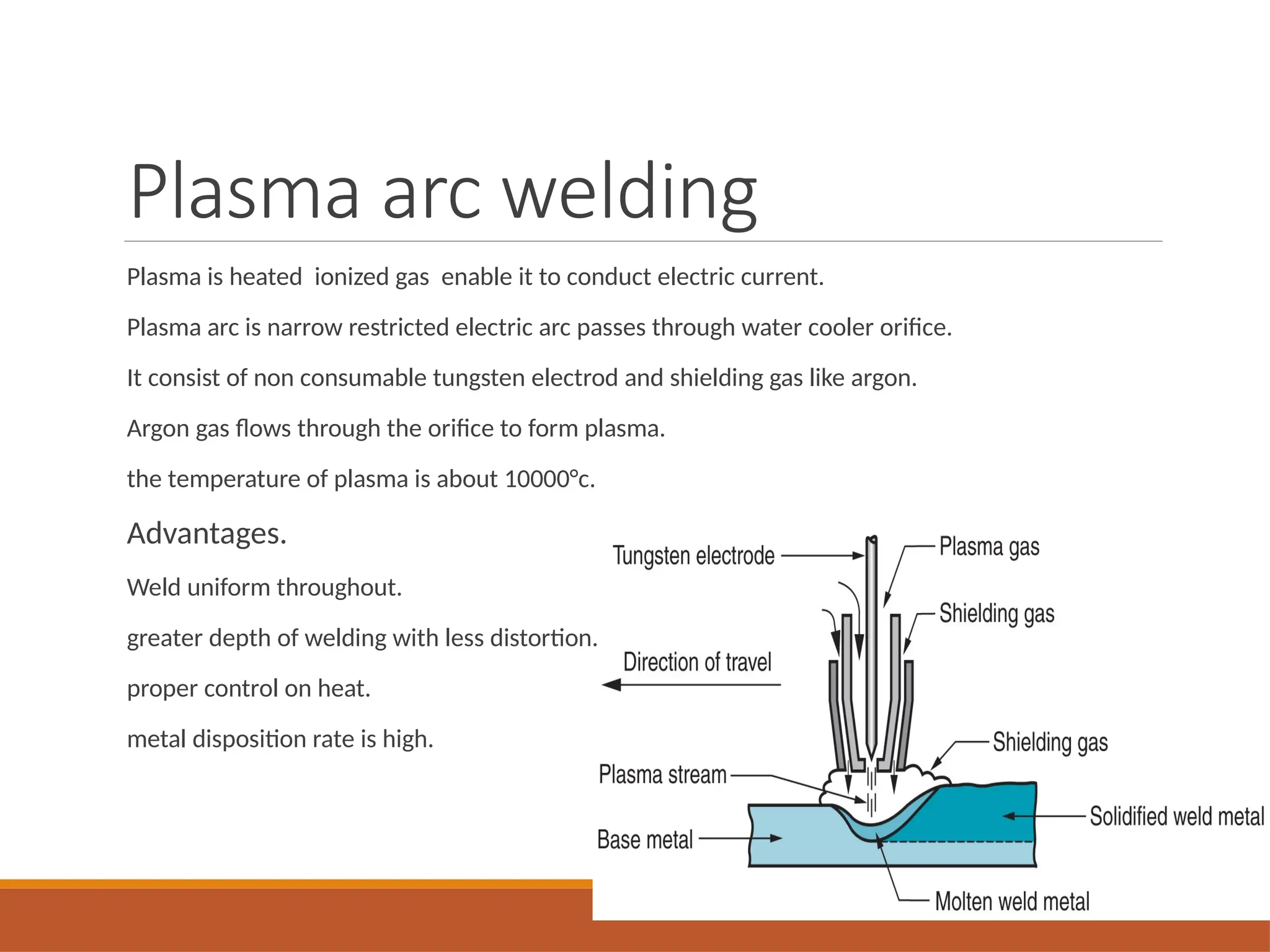 Plasma arc welding
Plasma is heated ionized gas enable it to conduct electric current.
Plasma arc is narrow restricted electric arc passes through water cooler orifice.
It consist of non consumable tungsten electrod and shielding gas like argon.
Argon gas flows through the orifice to form plasma.
the temperature of plasma is about 10000°c.
Advantages.
Weld uniform throughout.
greater depth of welding with less distortion.
proper control on heat.
metal disposition rate is high.
 