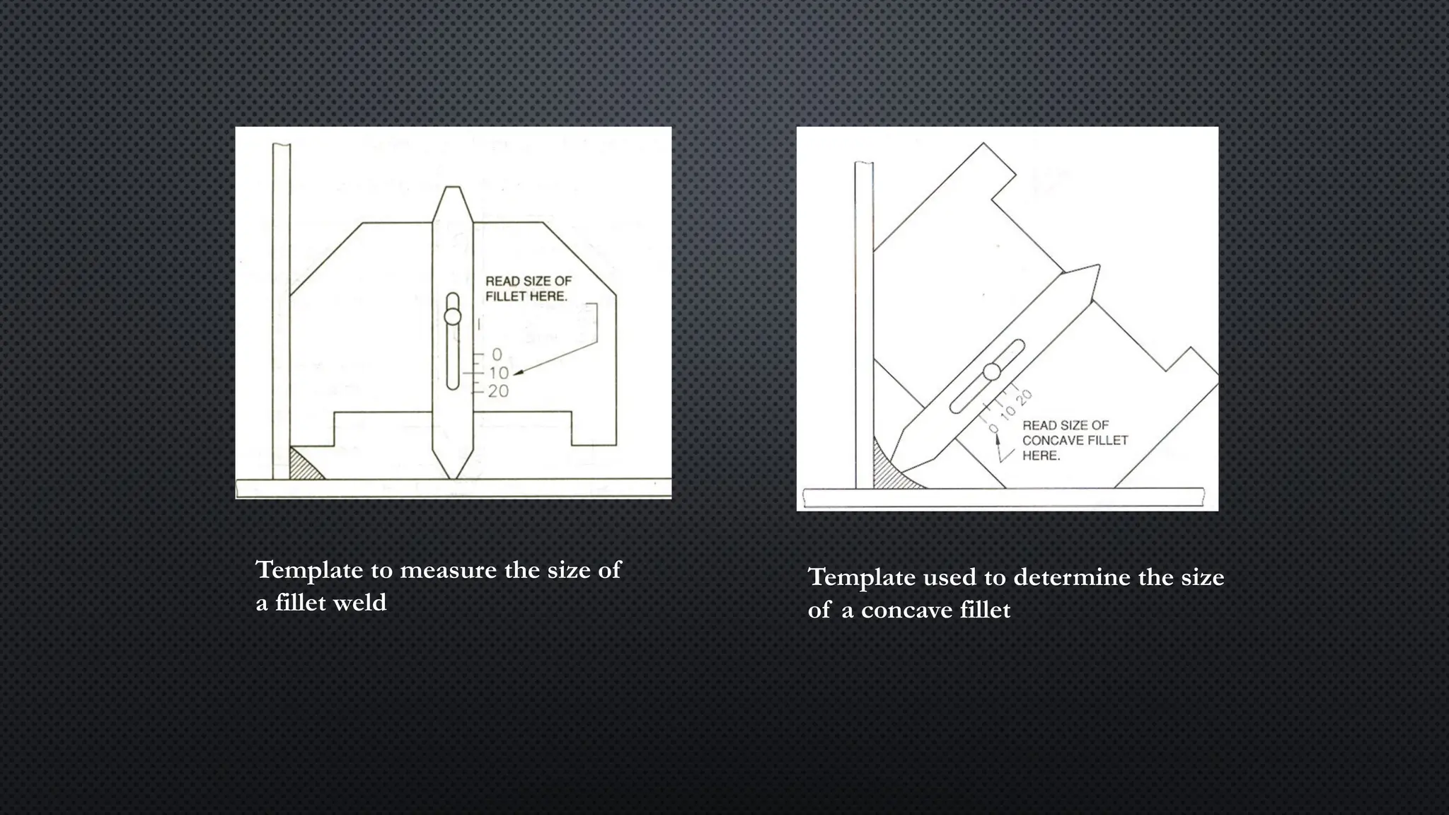 Template to measure the size of
a fillet weld
Template used to determine the size
of a concave fillet
 