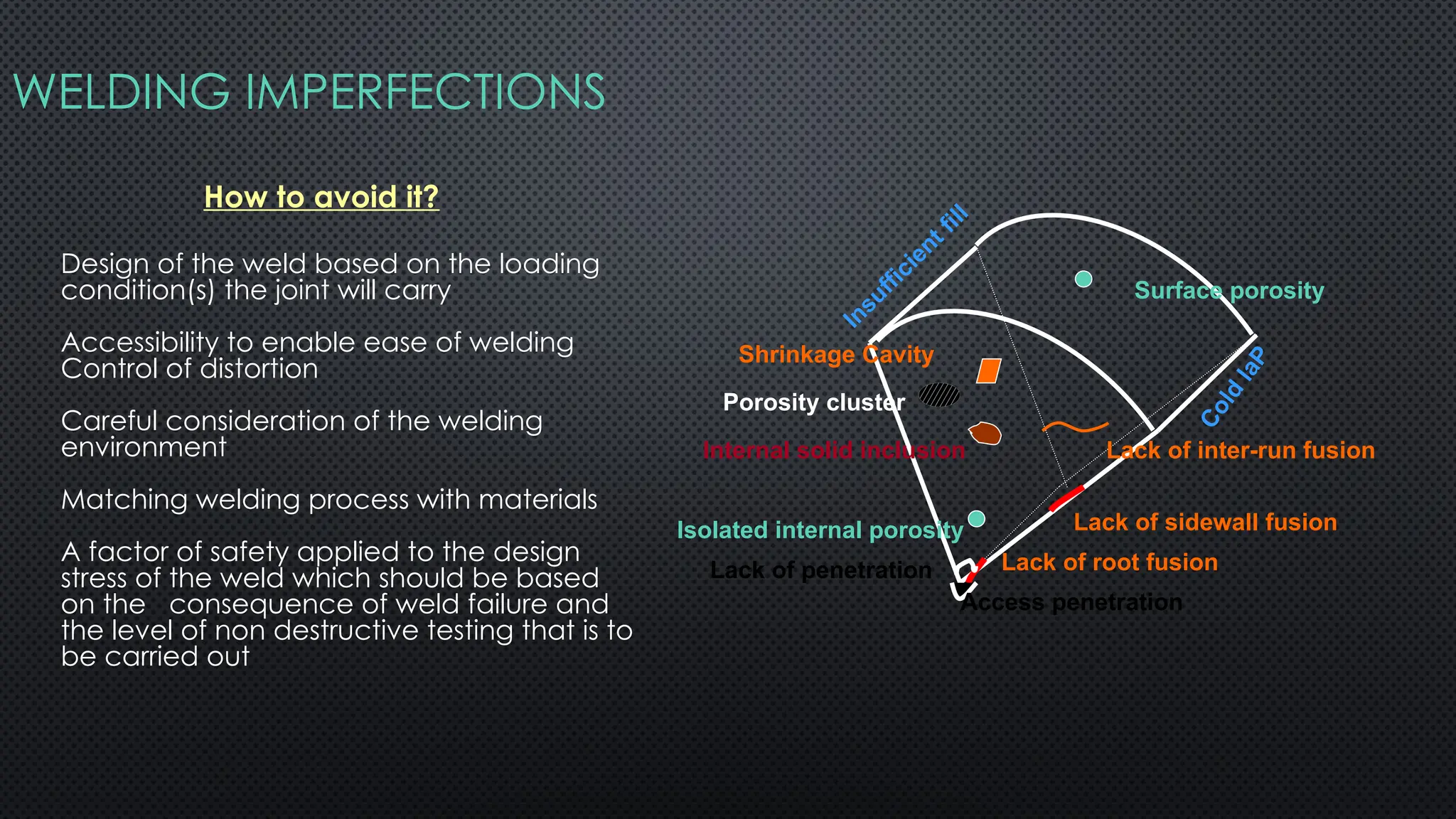 WELDING IMPERFECTIONS
Porosity cluster
Shrinkage Cavity
Isolated internal porosity
Surface porosity
Internal solid inclusion Lack of inter-run fusion
Lack of sidewall fusion
Lack of root fusion
Lack of penetration
Access penetration
Insufficient fill
C
o
l
d
l
a
P
How to avoid it?
Design of the weld based on the loading
condition(s) the joint will carry
Accessibility to enable ease of welding
Control of distortion
Careful consideration of the welding
environment
Matching welding process with materials
A factor of safety applied to the design
stress of the weld which should be based
on the consequence of weld failure and
the level of non destructive testing that is to
be carried out
 