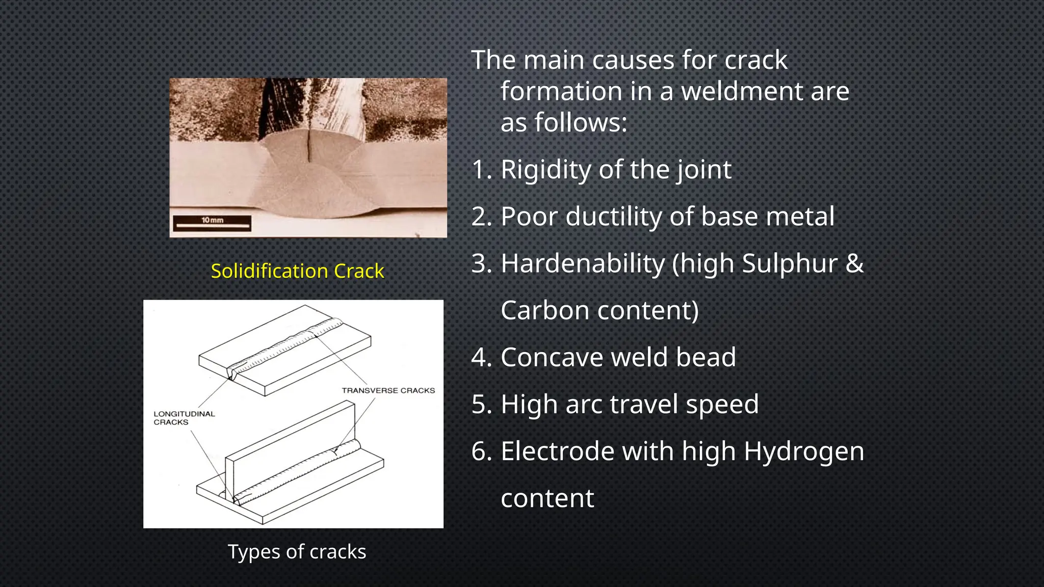 Solidification Crack
The main causes for crack
formation in a weldment are
as follows:
1. Rigidity of the joint
2. Poor ductility of base metal
3. Hardenability (high Sulphur &
Carbon content)
4. Concave weld bead
5. High arc travel speed
6. Electrode with high Hydrogen
content
Types of cracks
 